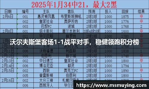 沃尔夫斯堡客场1-1战平对手，稳健领跑积分榜